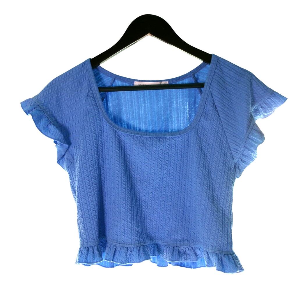 Altar'd State Blue Textured Crop Top Ruffle Flutter Sleeve Women's XXL